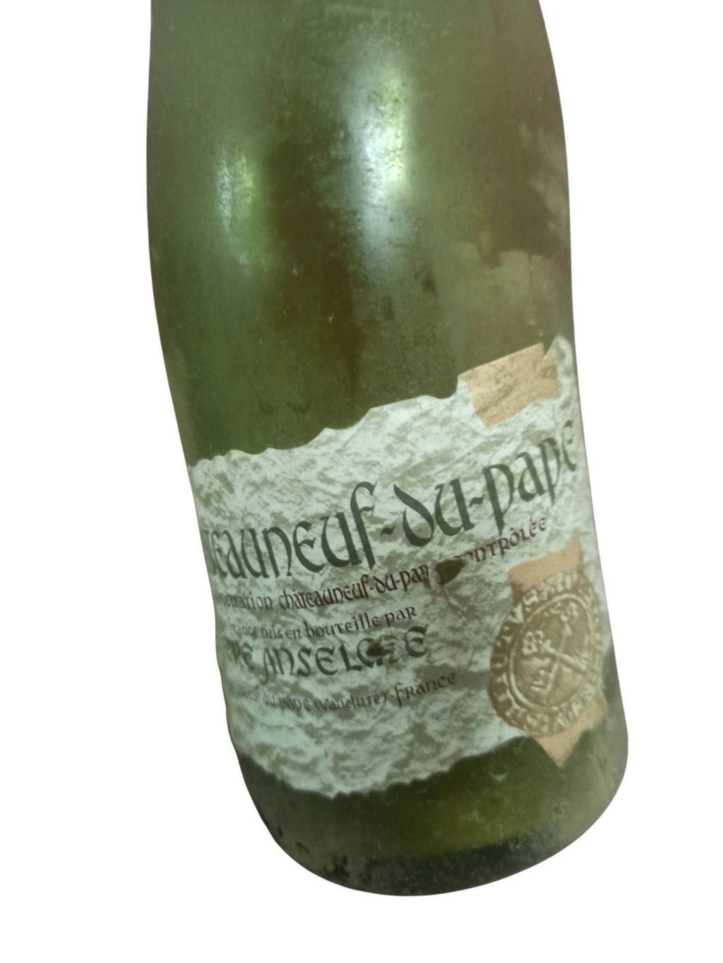Bouteille ancienne Châteauneuf-du-Pape vide, verre relief, étiquette d’origine,