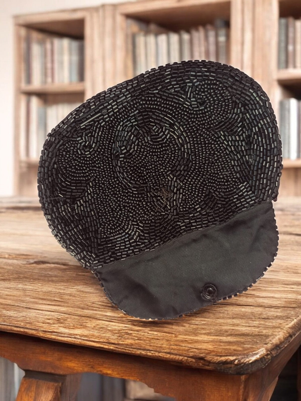 Porte-monnaie vintage ancien perles noires fait main, accessoire rétro chic