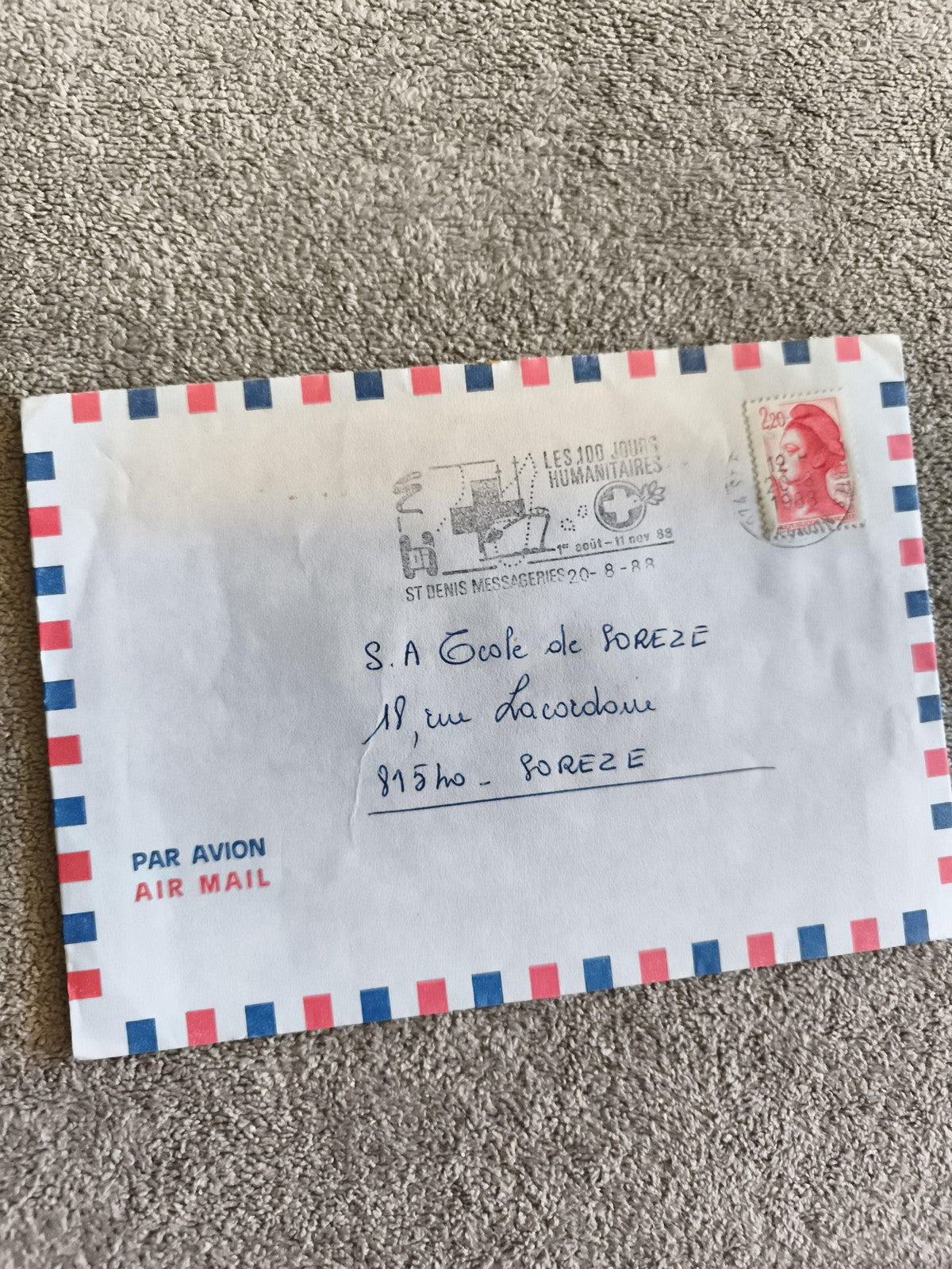 Lettre avion France 1988 timbre Marianne 2,20 F oblitération Croix-Rouge
