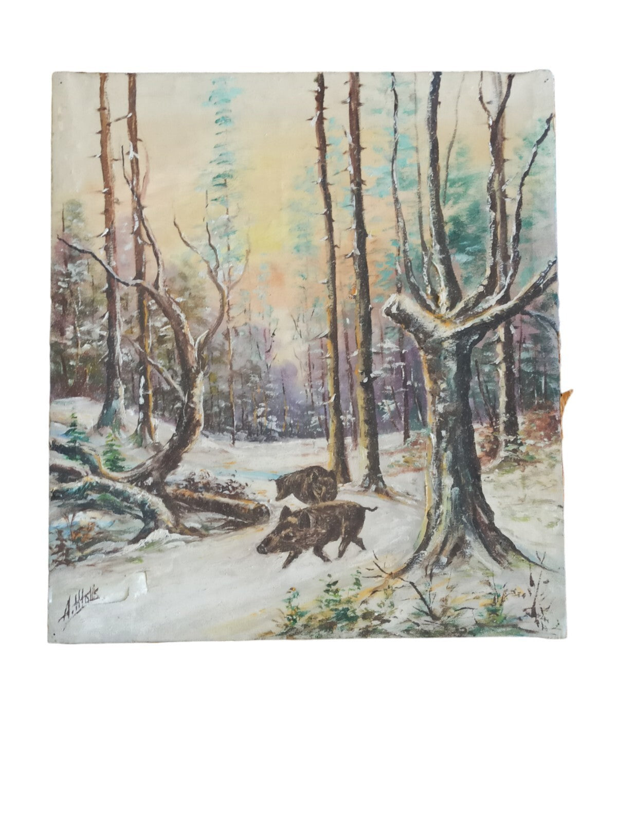 Tableau original signé A. Mottie sangliers forêt neige, peinture scène hivernale