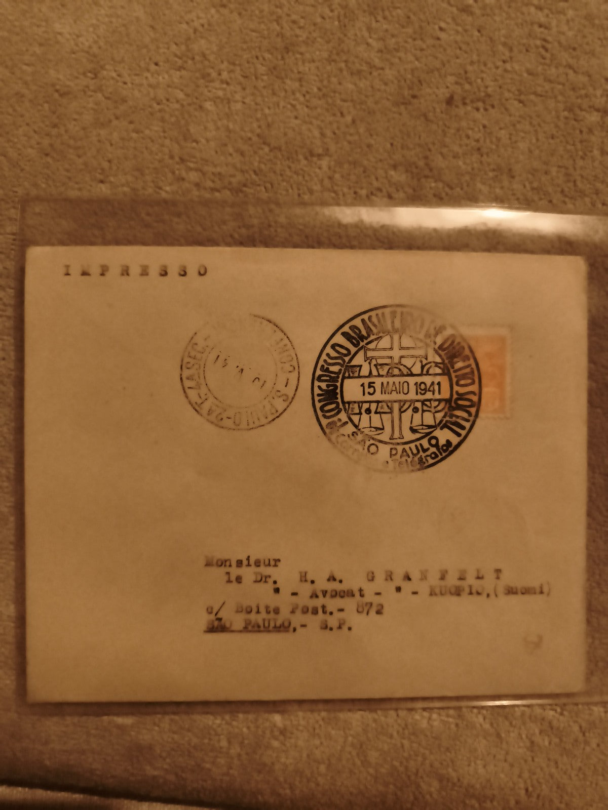 Lettre oblitérée 1941 Brésil São Paulo IMPRESSO philatélie (Ref 1)