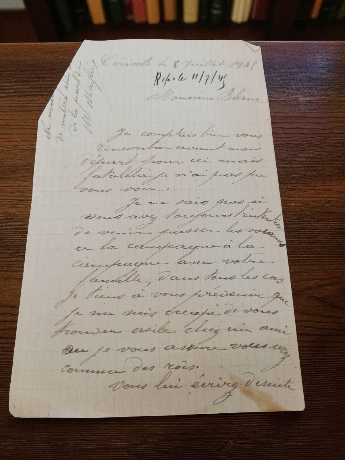 Lettre manuscrite ancienne 1945 WW2 Mlle Blanc encre noire papier quadrillé