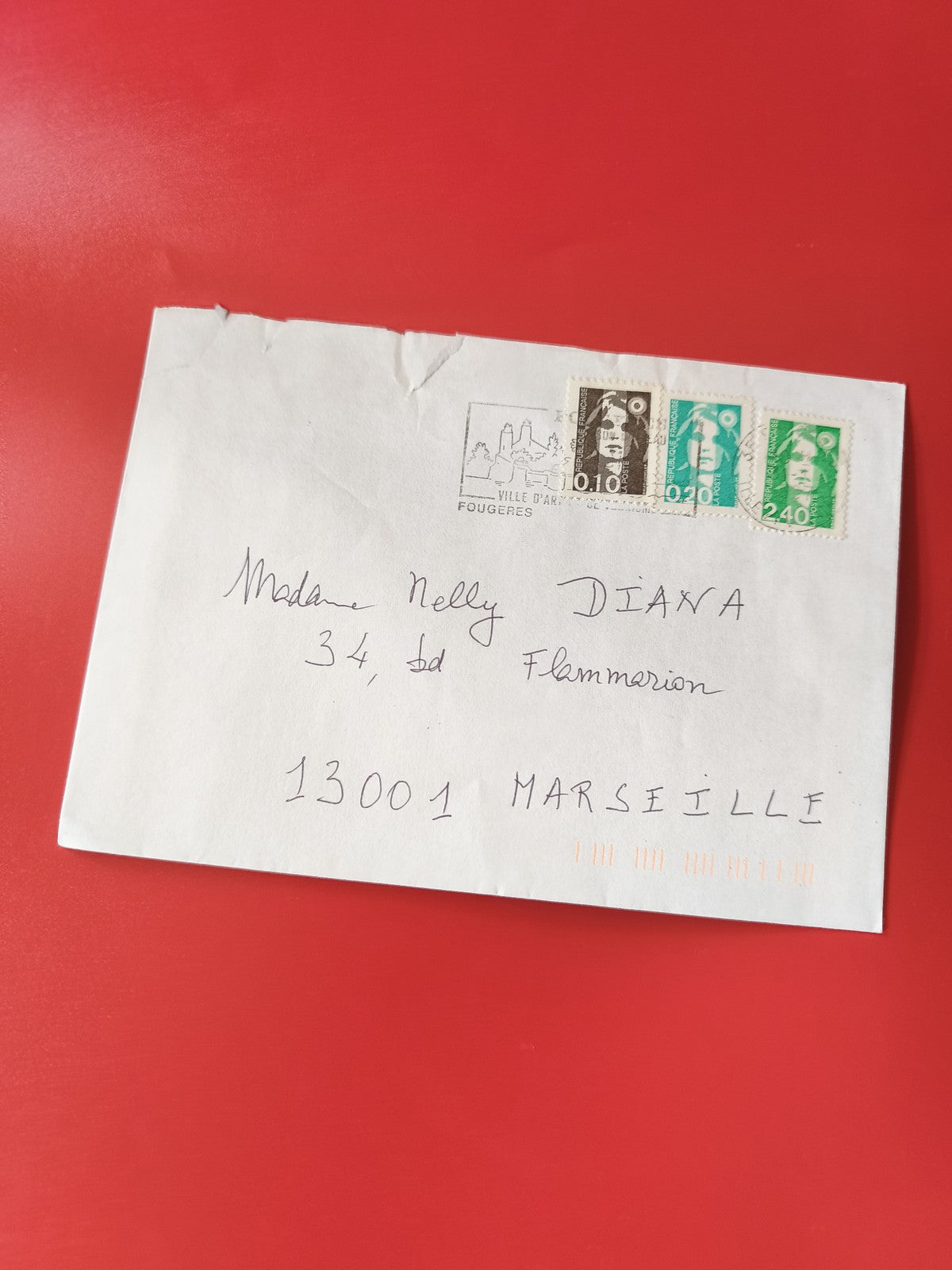 Enveloppe philatélie affranchie timbres Marianne verte et brune adressée Marseil