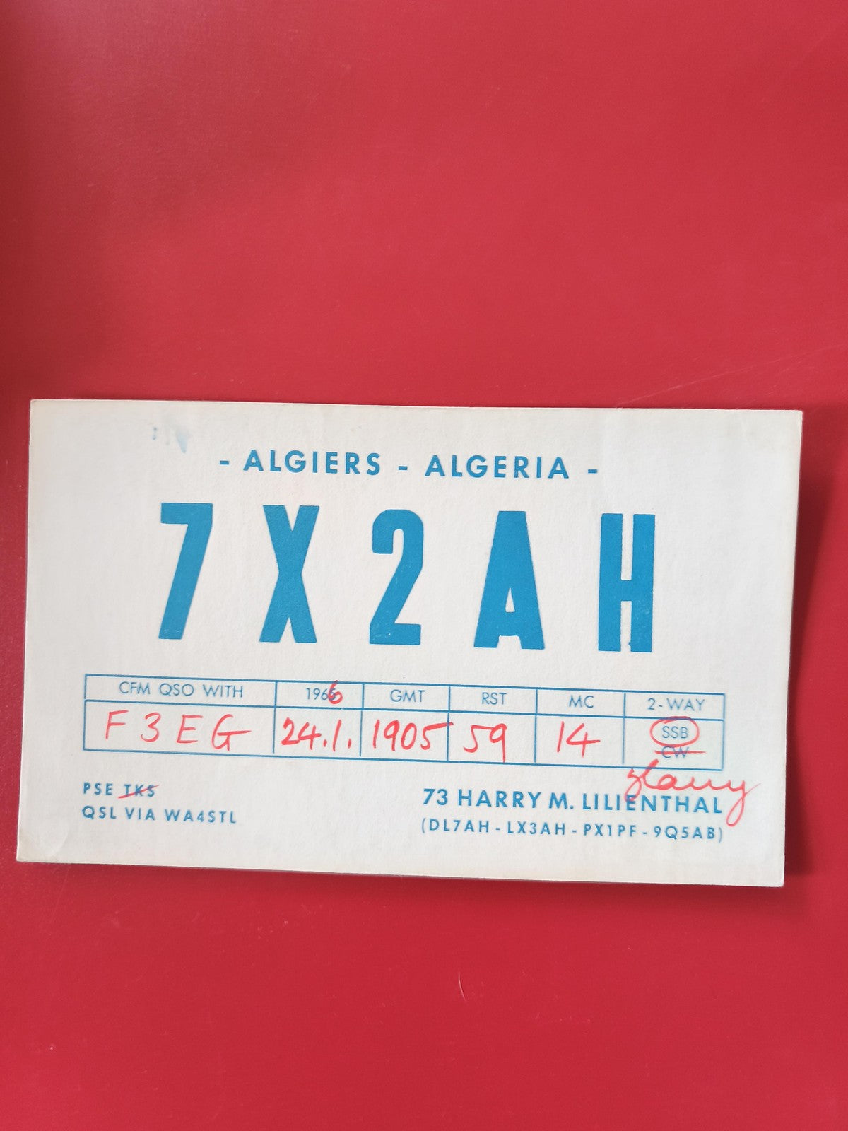 Carte radio QSL 7X2AH Alger Algérie, carte papier bleue, radioamateur