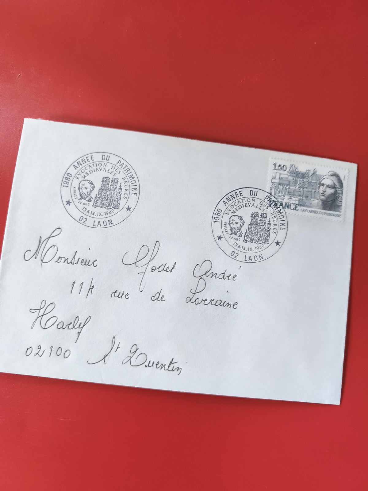 Enveloppe philatélie France 1980 cachet Laon timbre patrimoine Marianne