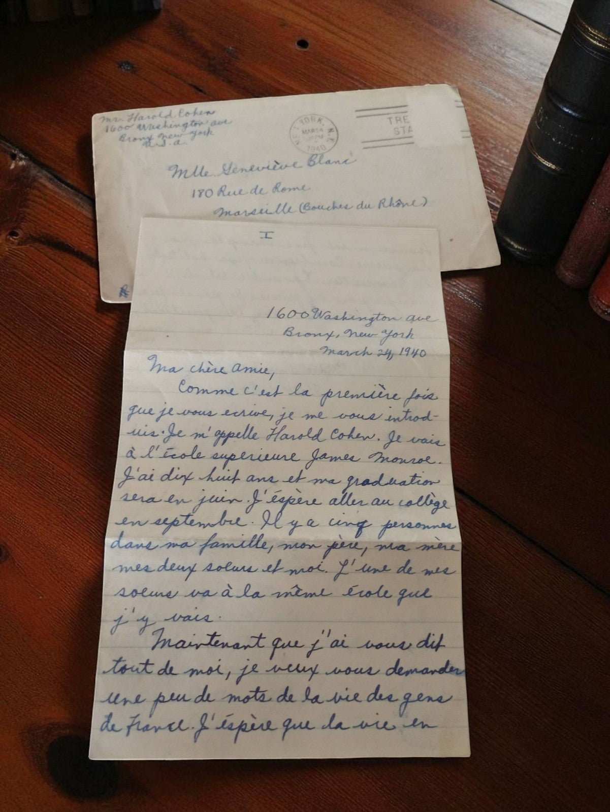 Lettre manuscrite ancienne 1940 WW2 + enveloppe New York Marseille vintage