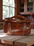 Sac médecin vintage cuir marron, ancien cartable rétro à rivets, fermeture métal