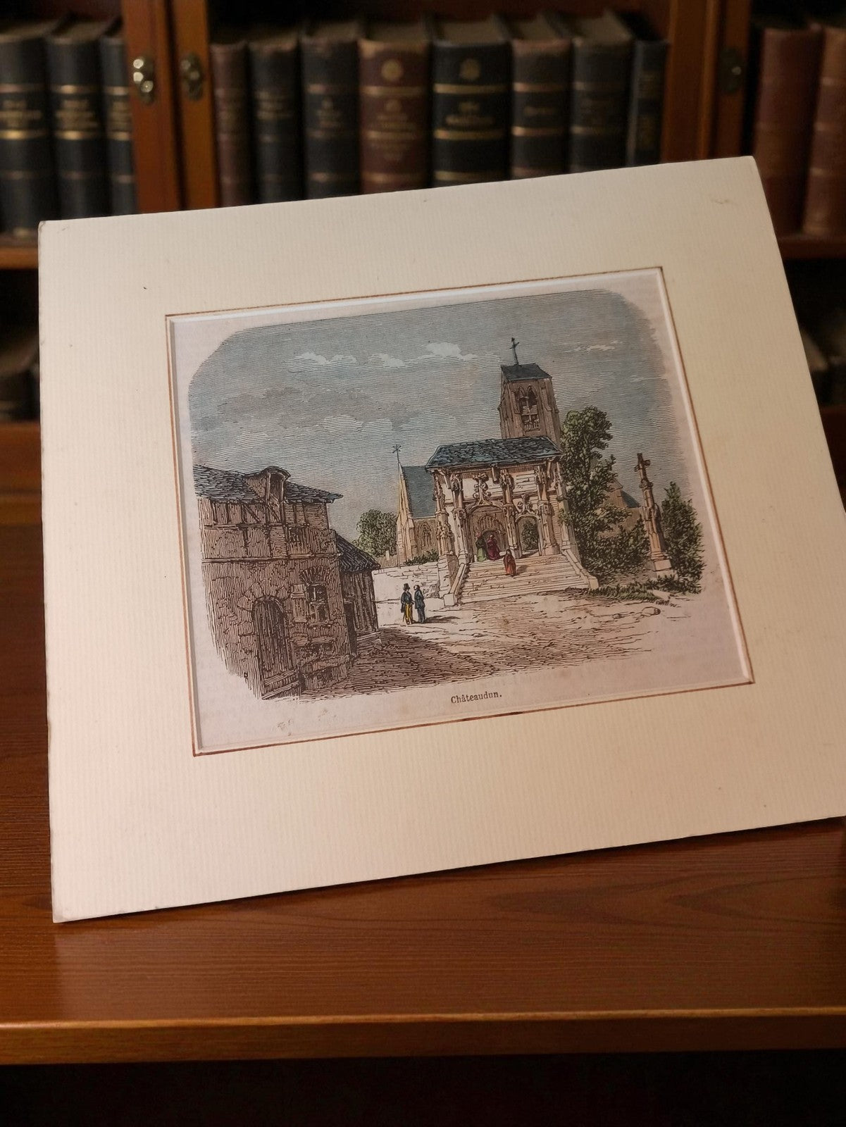 Gravure ancienne Châteaudun, vue église, encadrée, vintage rétro déco murale