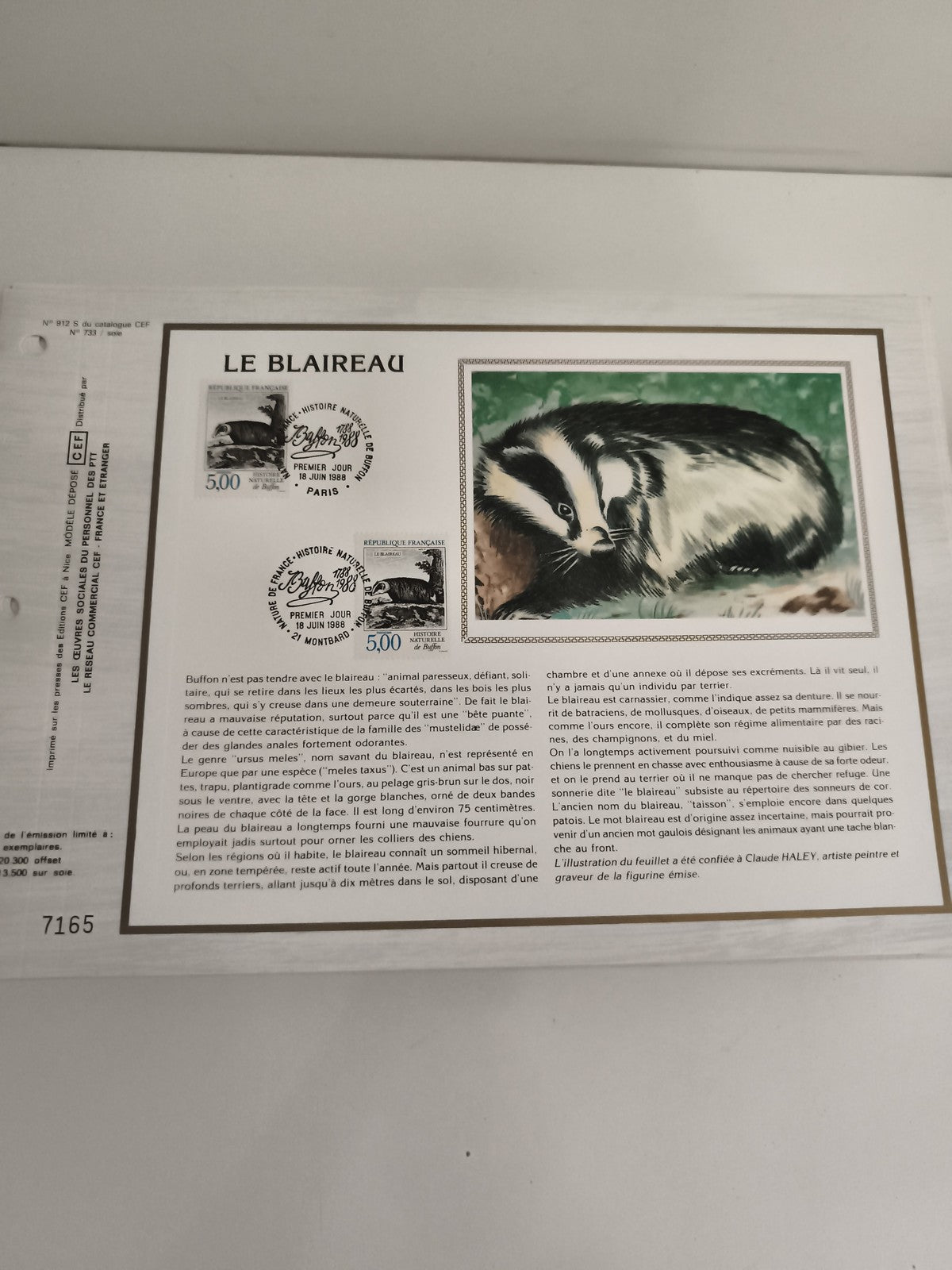 Feuillet CEF philatélie Le Blaireau Premier Jour 1988 illustration Claude Haley