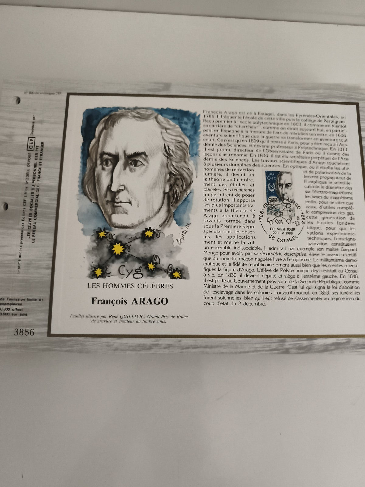 Feuillet philatélique CEF François Arago illustré Quillivic premier jour 1986