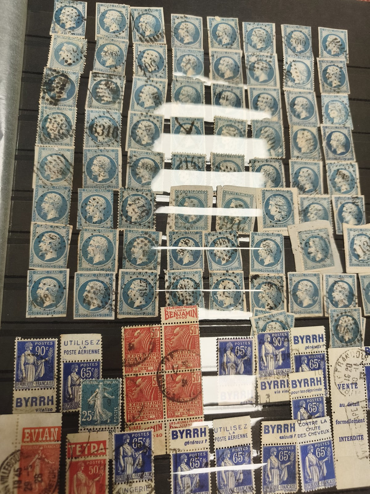 Lot timbres France Cérès Napoléon oblitérés + publicitaires BYRRH EVIAN