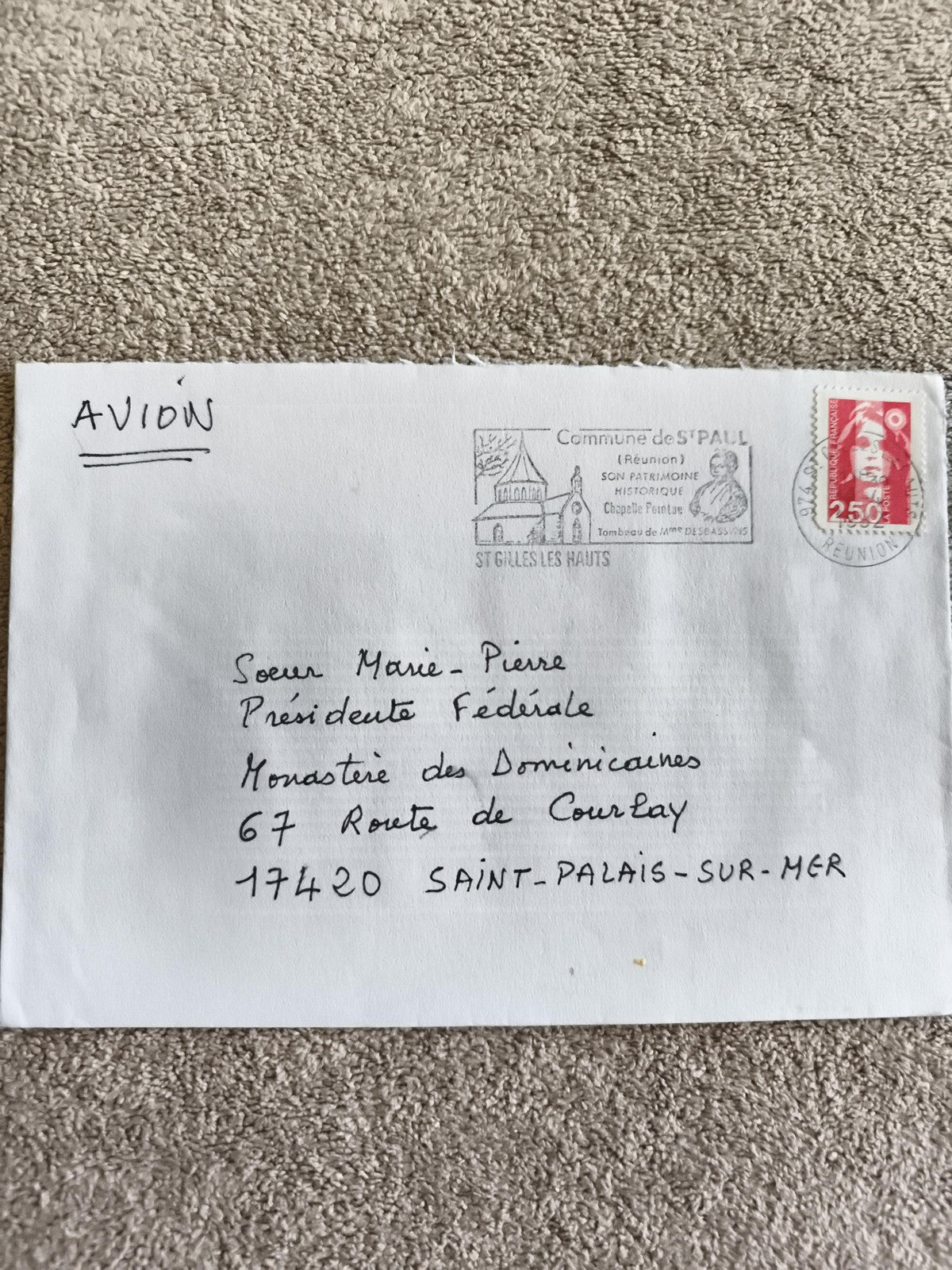 Lettre affranchie Réunion 2,50 F Marianne rouge, cachet St Paul avion