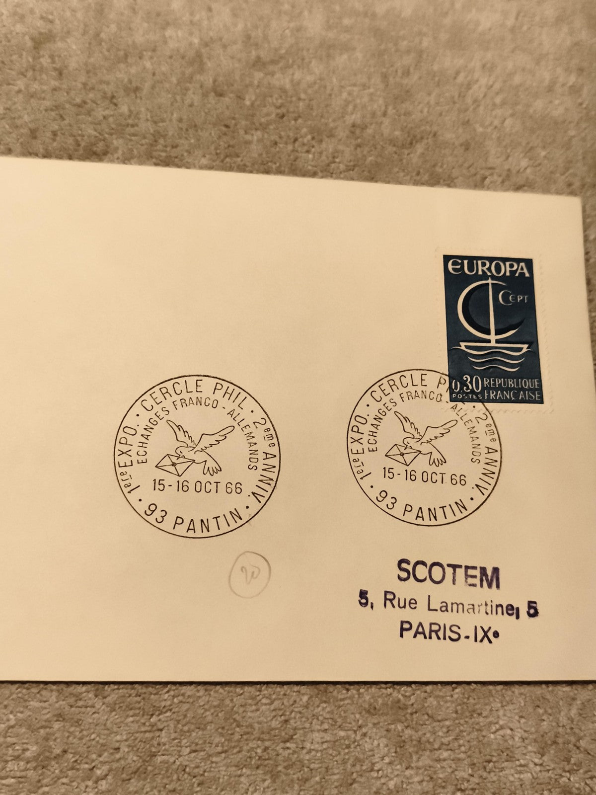 Lettre 1er jour Europa CEPT 1966, cachet Pantin, timbre 0,30 FR, Scotem Paris