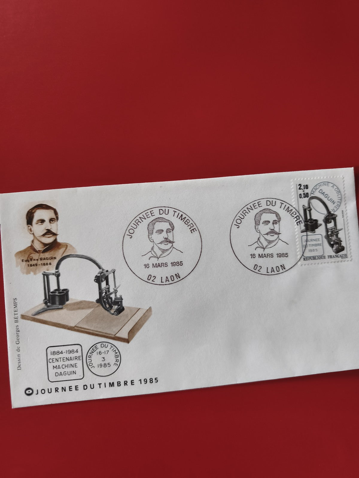 Enveloppe philatélie Journée du Timbre 1985 Laon cachet Daguen illustration