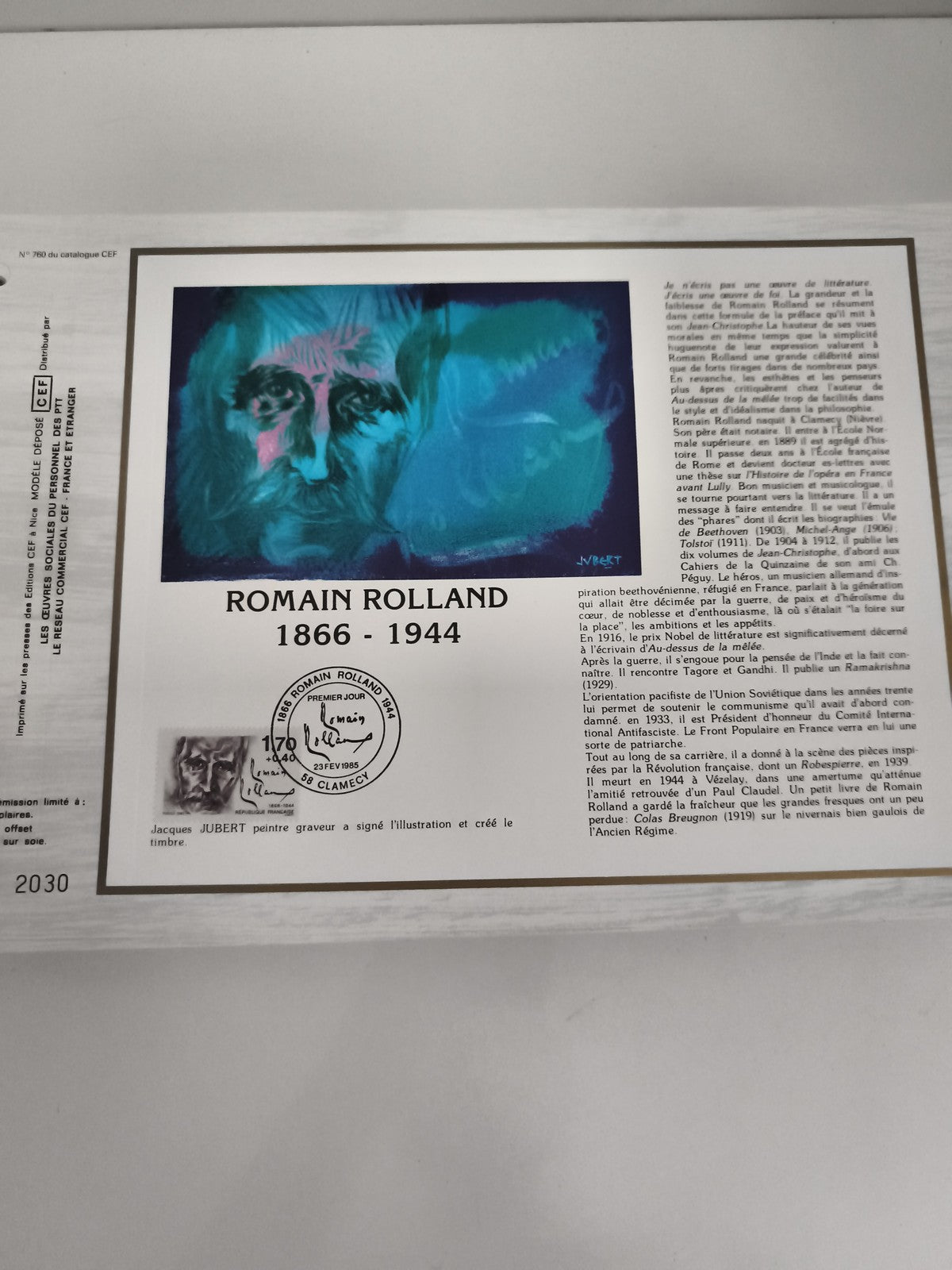 Feuillet CEF philatélie Romain Rolland 1866-1944 oblitéré illustration Jubert