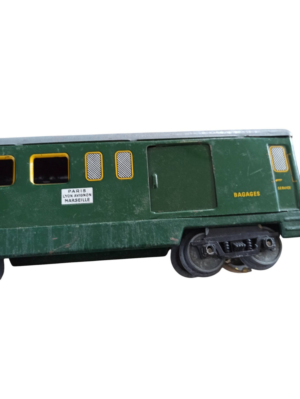 Wagon SNCF en tôle vert vintage Paris-Marseille bagages train jouet ancien