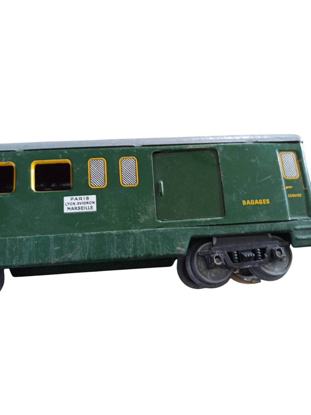Wagon SNCF en tôle vert vintage Paris-Marseille bagages train jouet ancien