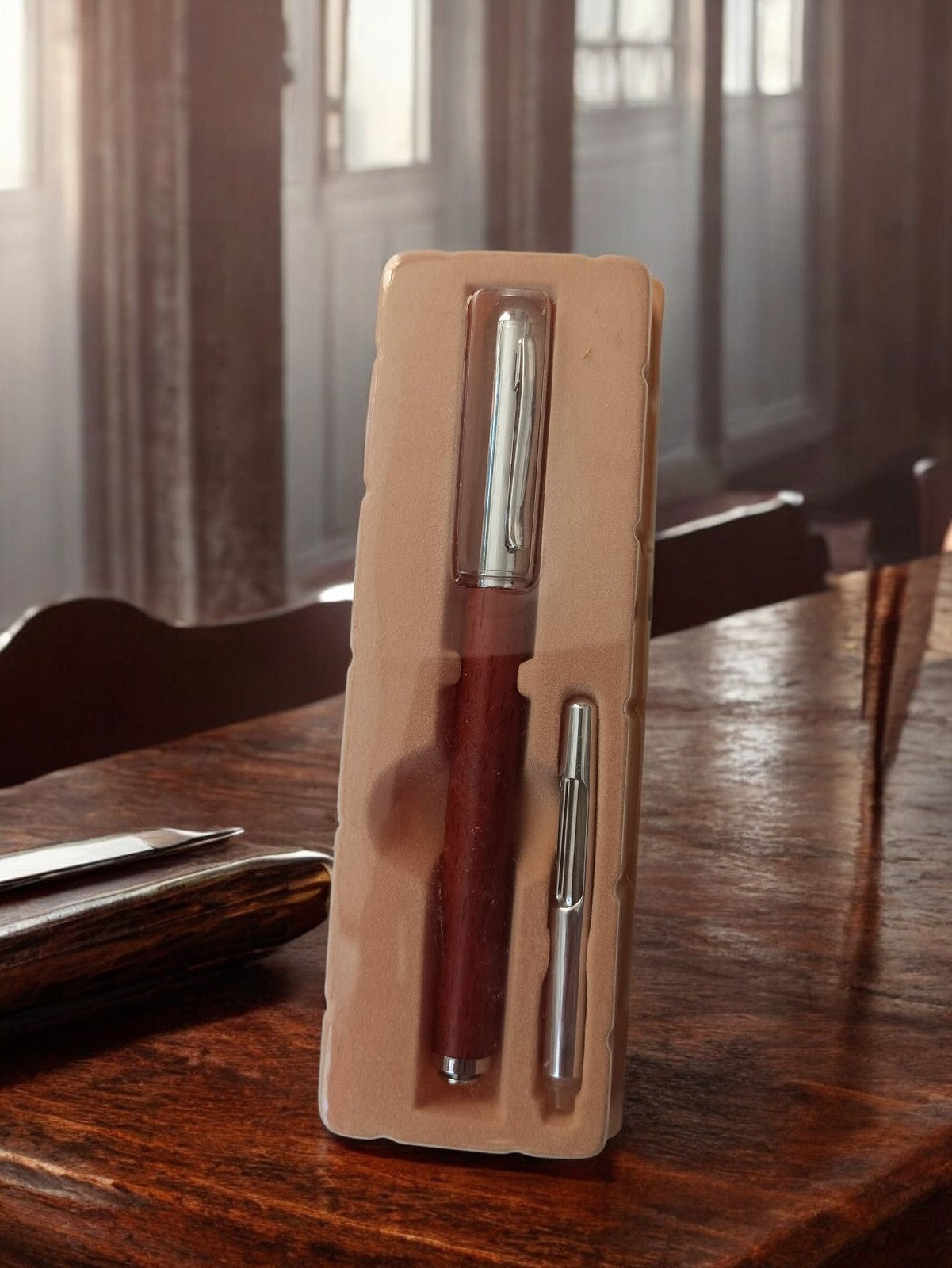 Stylo plume vintage aspect bois et métal, écriture rétro, neuf en coffret
