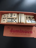 Jeu de dominos vintage urea, boîte orange, double six, métal spin