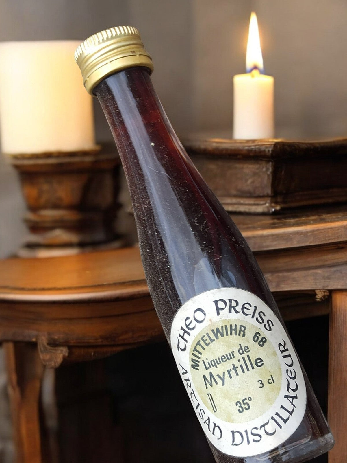 Mini bouteille ancienne Theo Preiss liqueur myrtille vintage artisan 35°