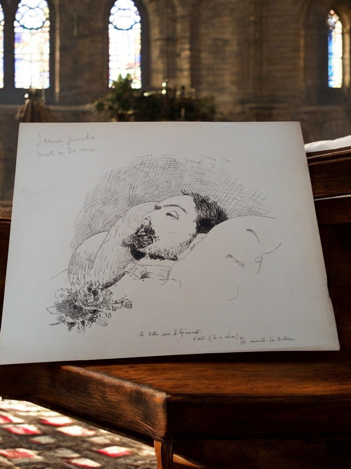 Dessin commémoratif vintage Paris 1874 jeune poète hommage illustration ancienne