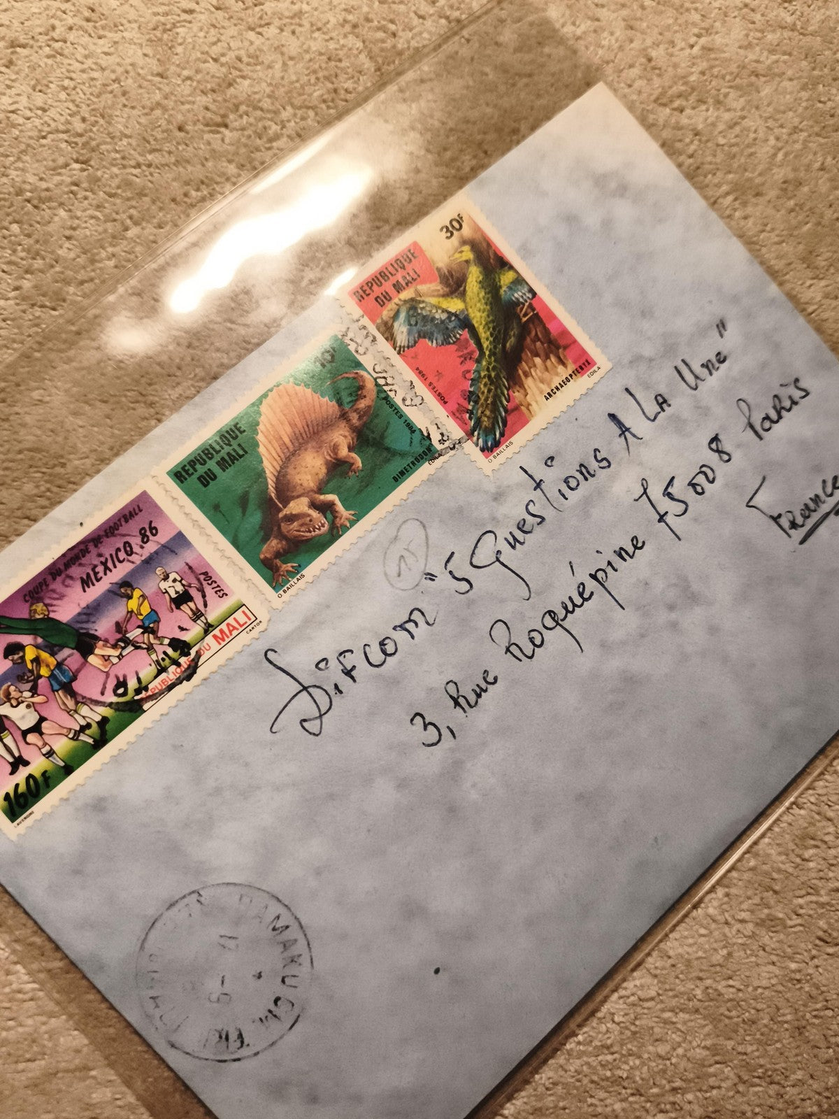 Lettre affranchie Mali timbres dinosaures oiseaux football Mexico 86 philatélie