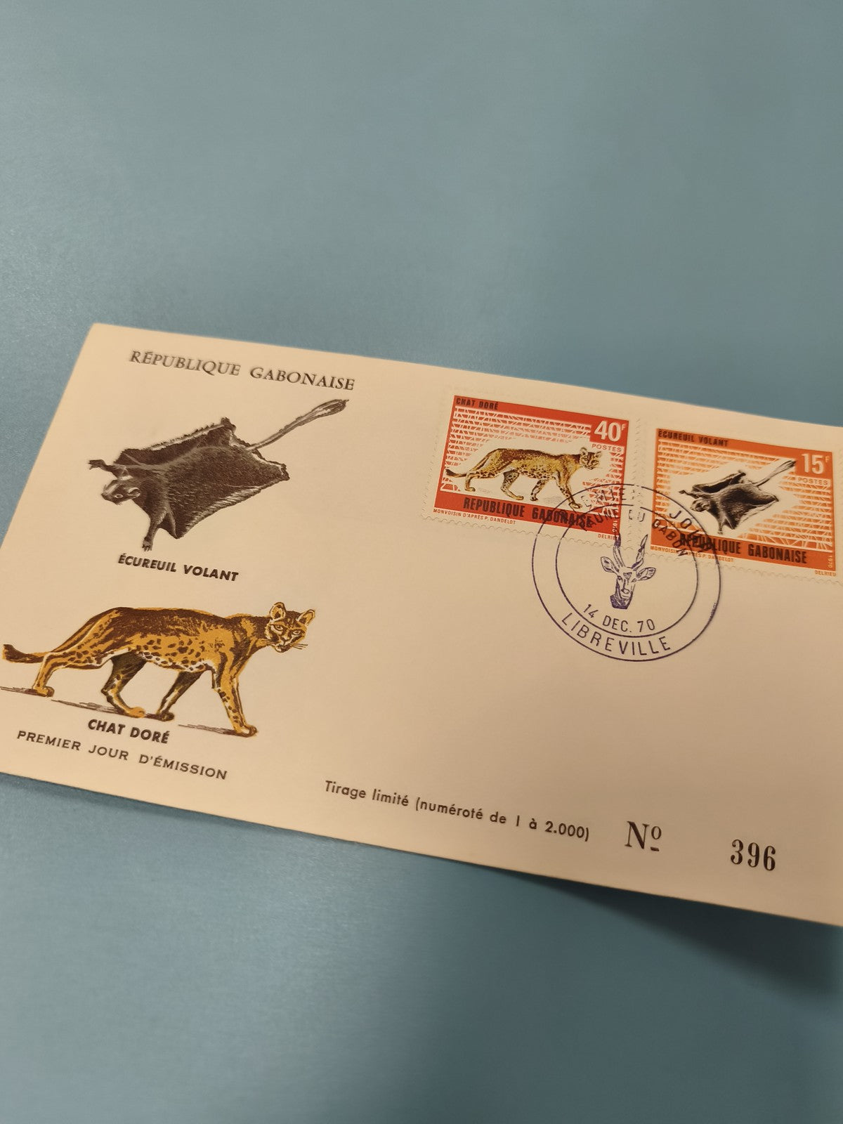 Enveloppe FDC Gabon 1970 écureuil volant chat doré timbres illustrés animaux