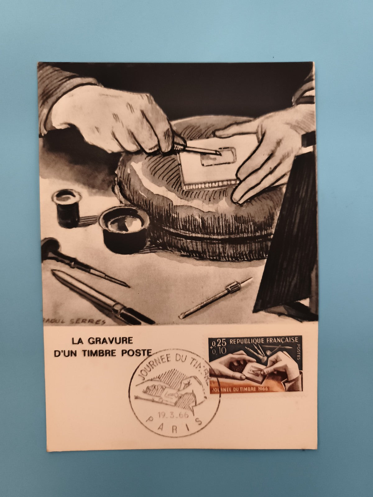 Carte philatélique gravure timbre Journée du Timbre 1966 Paris oblitérée