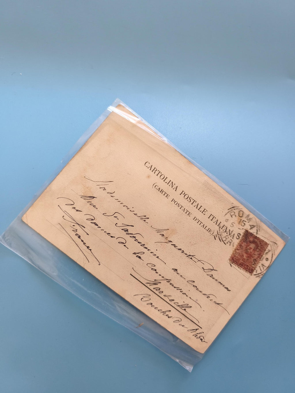Carte postale ancienne italienne vintage, timbre et cachet colonial, collection
