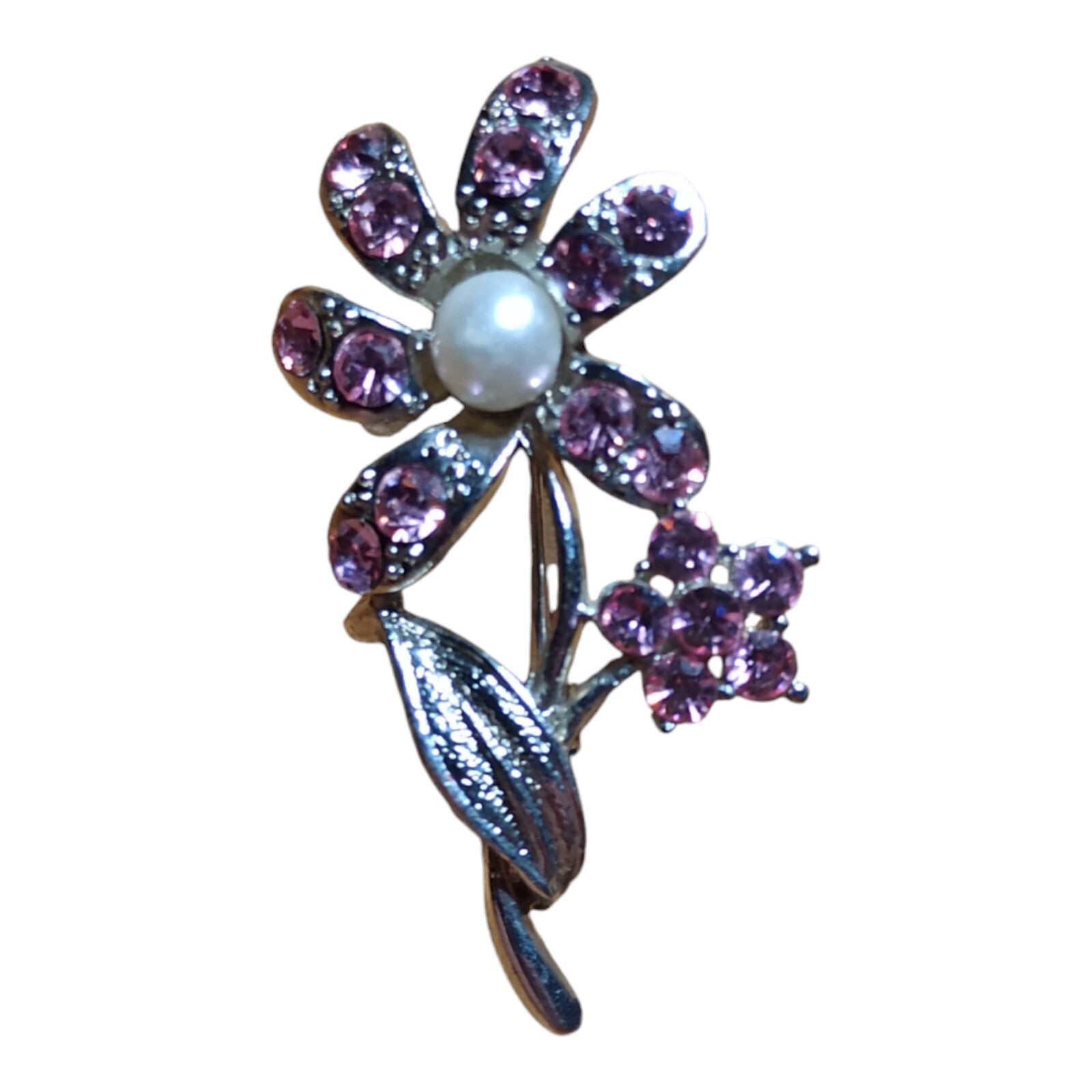 Broche fleur vintage argentée Art Déco strass violets perle centrale