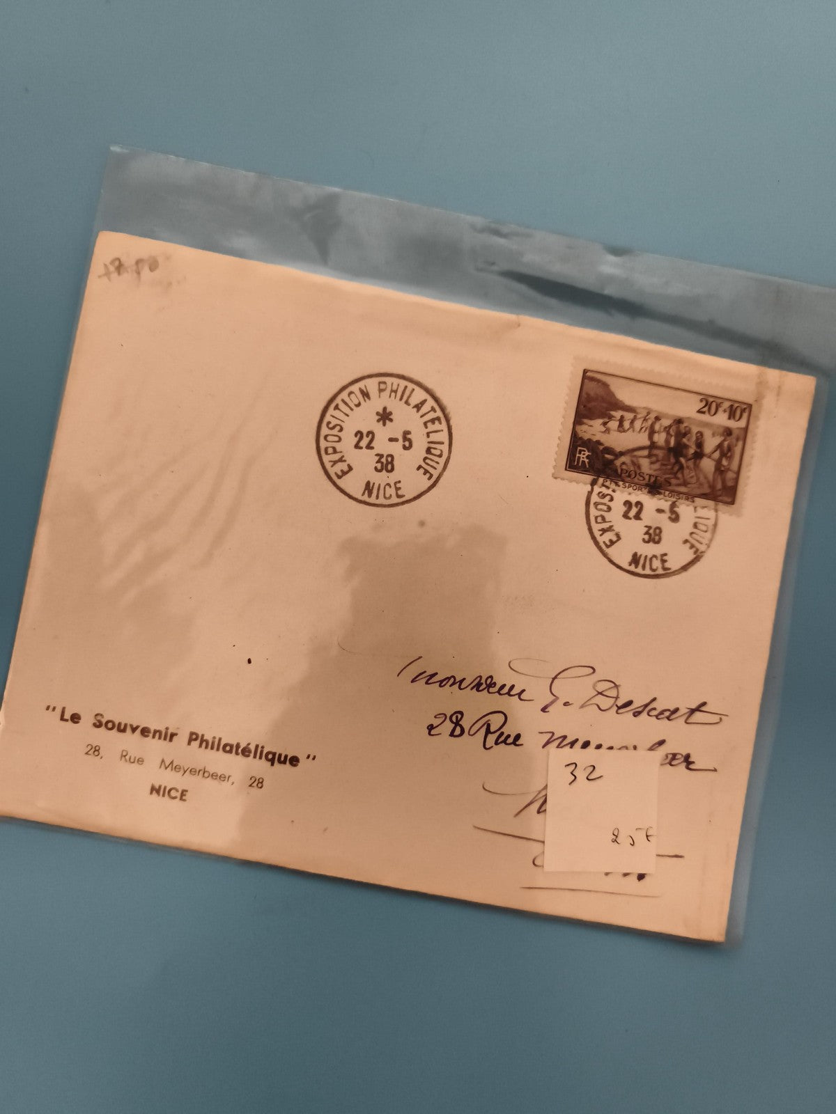 Lettre Exposition Philatélique Nice 1938 timbre 20c illustré oblitération