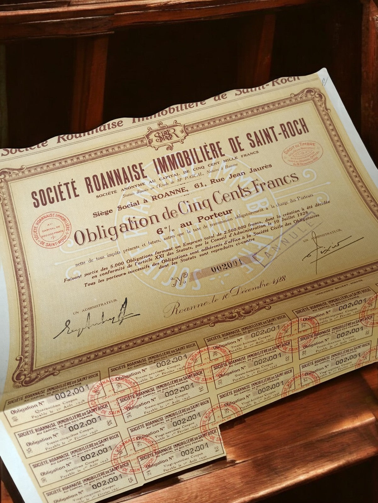 Obligation ancienne Société Roannaise Immobilière années 1920 document financier