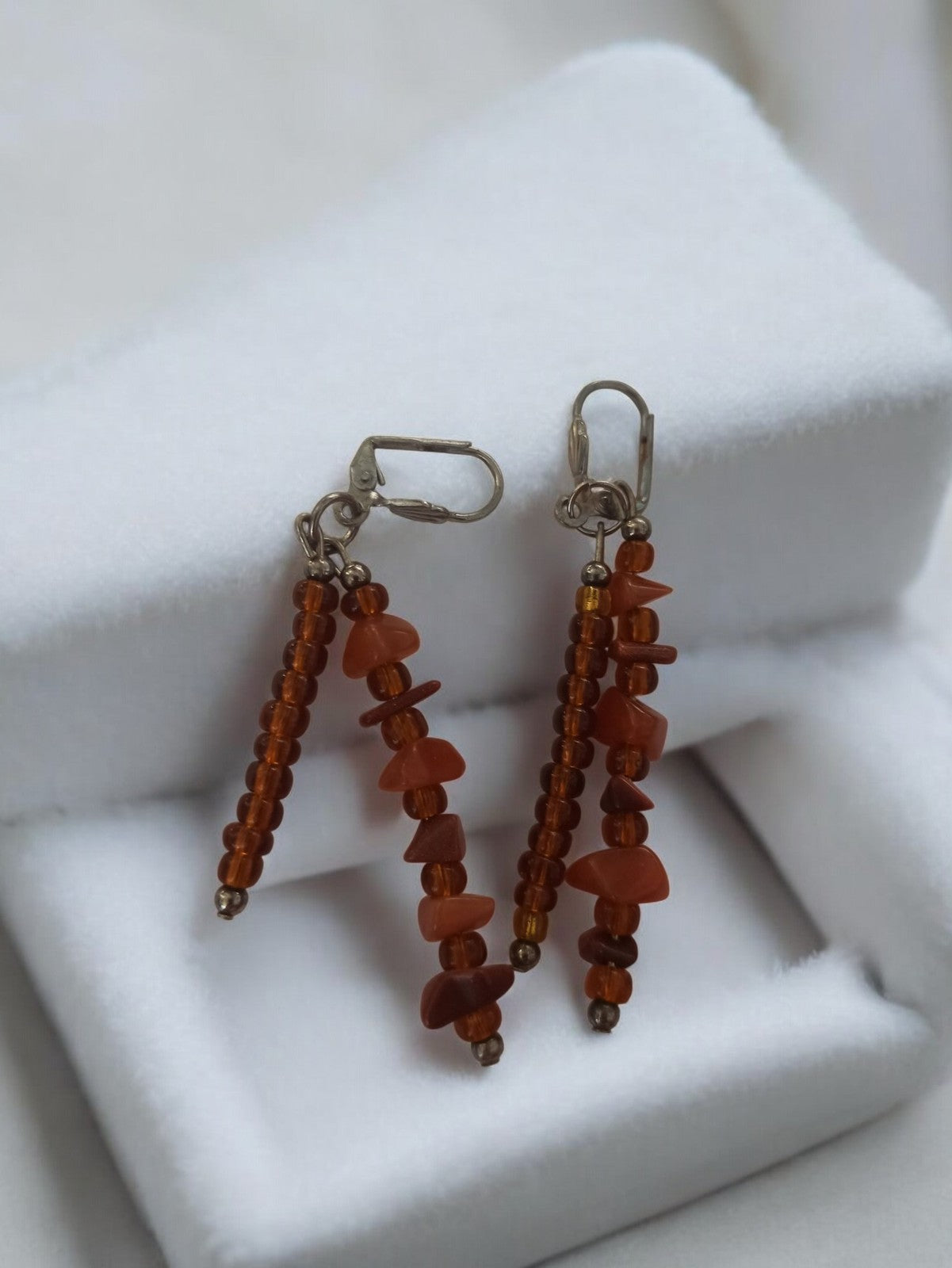Paire boucles d’oreilles vintage ambre naturel, longues pendantes rétro brun