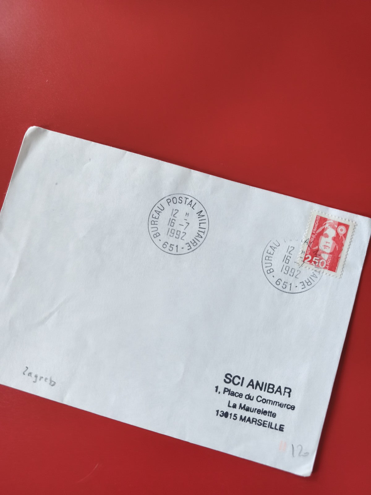 Enveloppe philatélie oblitérée 1992 timbre Marianne rouge Bureau Postal Militair