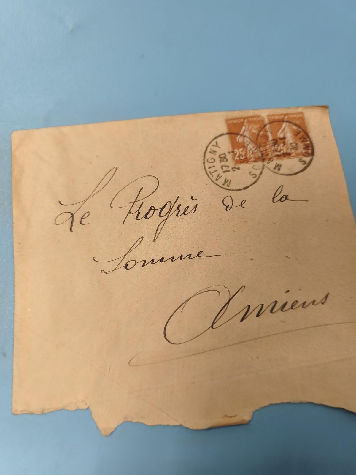 Ancienne enveloppe oblitérée début XXe, timbres orange, Somme Amiens philatélie