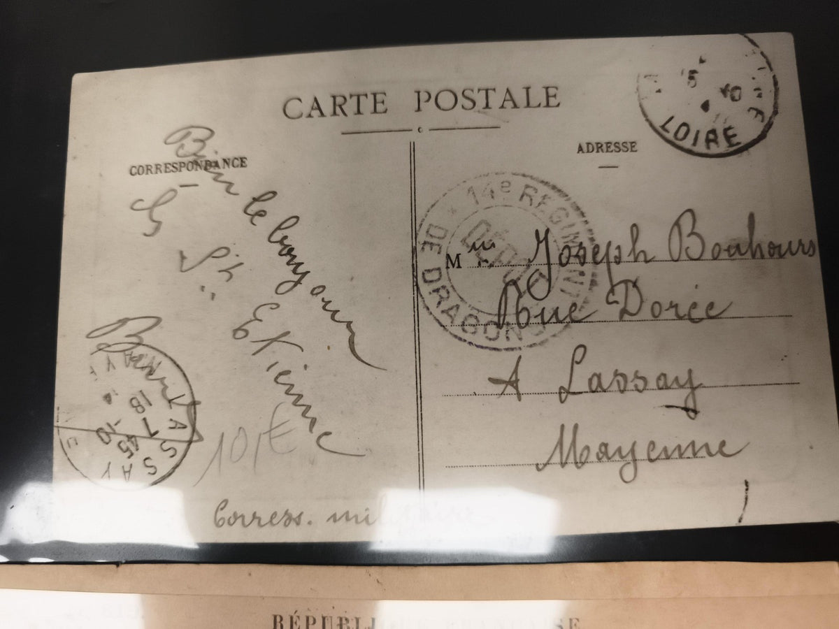 Carte postale militaire régiment 14e Dragons Loire oblitérée adressée Lassay