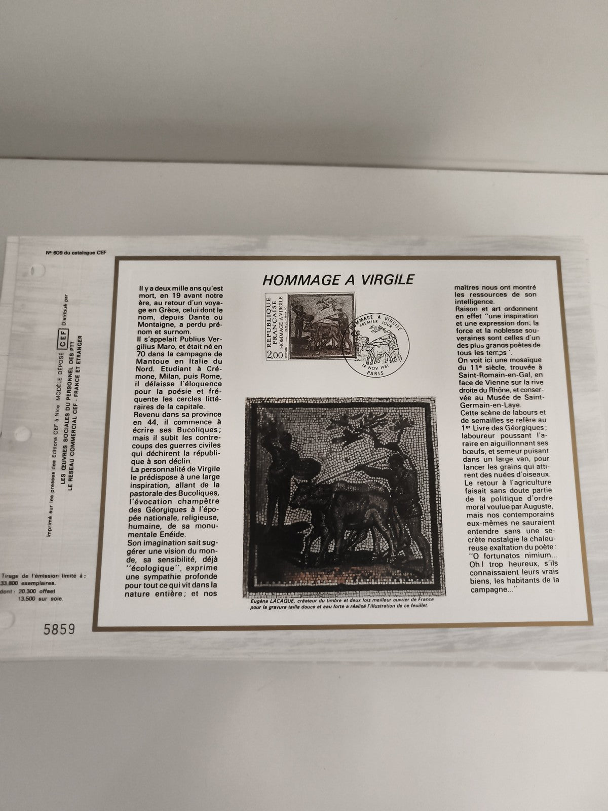 Feuillet philatélique CEF Hommage à Virgile timbre France oblitéré
