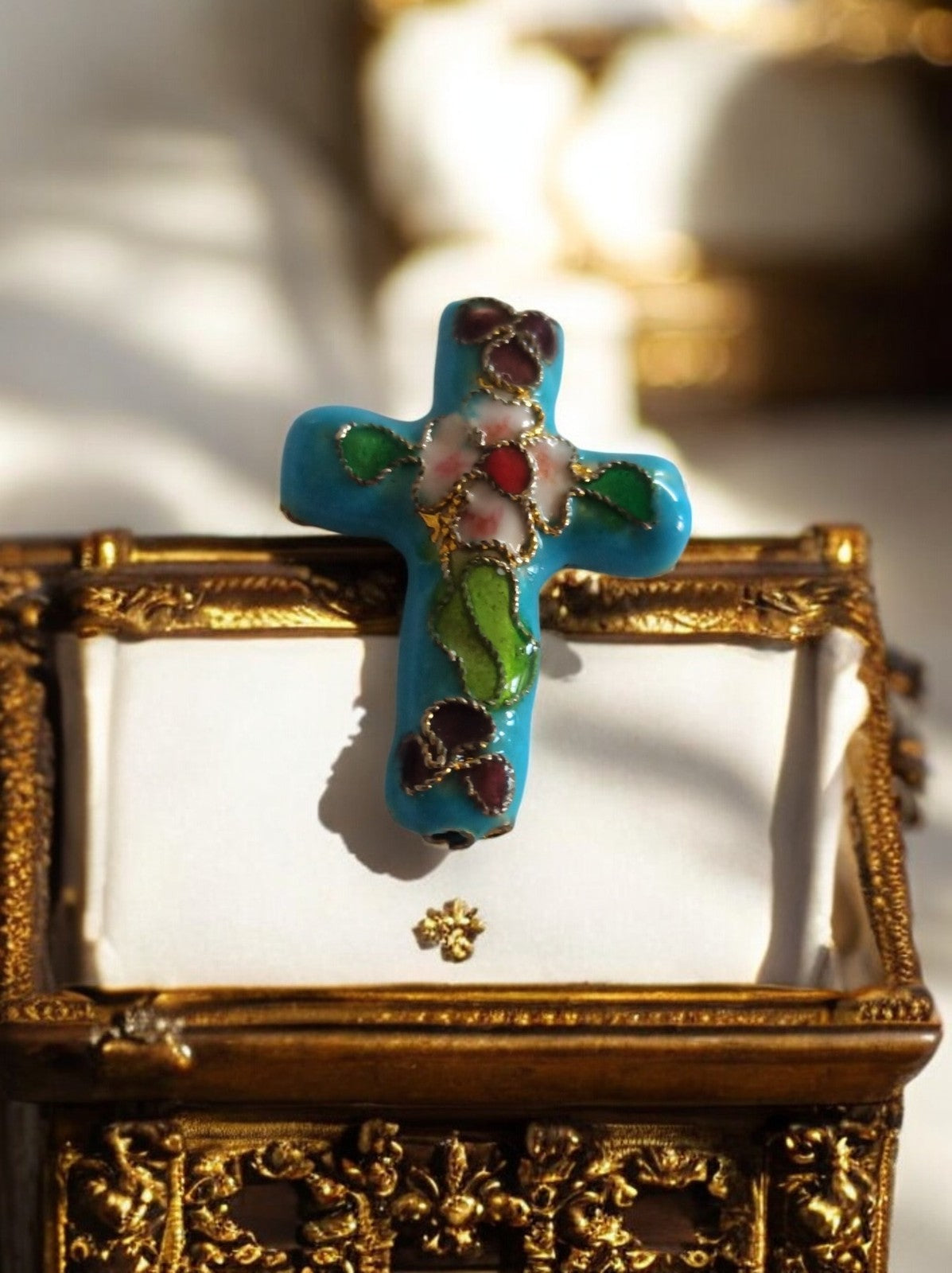 Vintage decorative religious cross France enameled blue cloisonné church