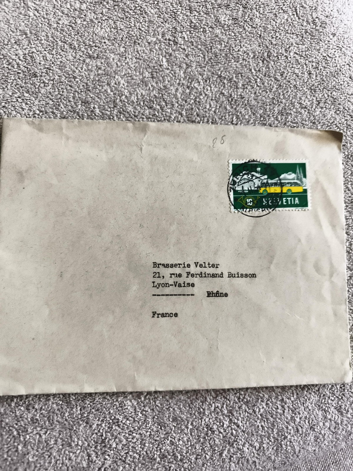 Lettre affranchie timbre Suisse Helvetia, oblitérée, Brasserie Velter Lyon