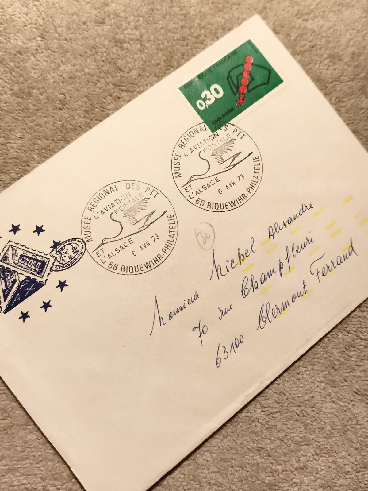 Lettre premier jour Musée Aviation Postale 1973 Alsace timbre 0,30 Philatélie (R