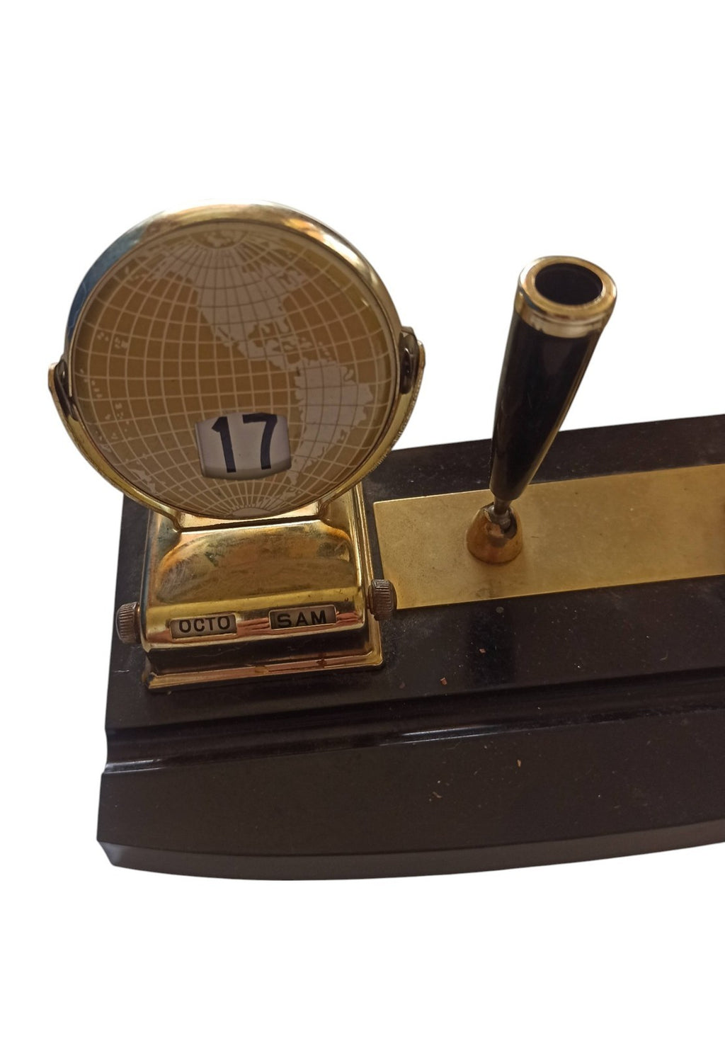 Calendrier perpétuel vintage bureau globe doré porte-stylo ancien déco
