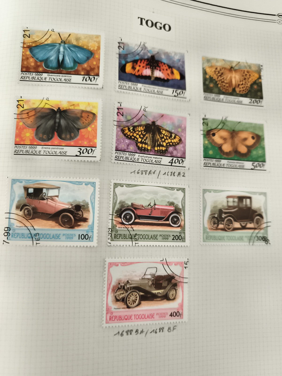 Timbres Togo oblitérés papillons et voitures anciennes Rép. Togolaise philatélie