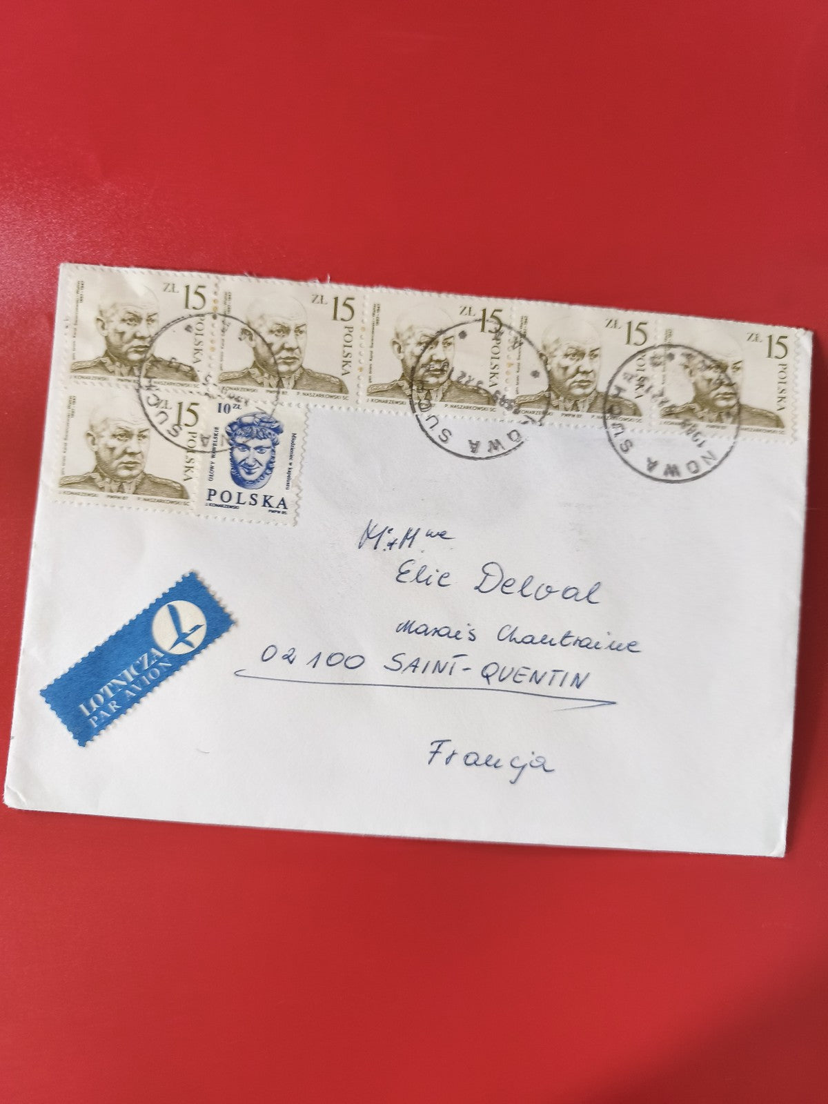 Enveloppe philatélie timbres Pologne affranchie cachets visibles avion