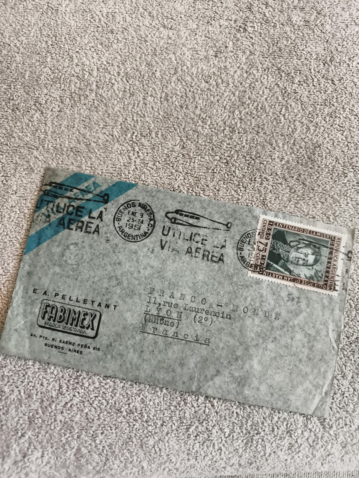 Lettre avion Argentine 1951 Fabimex oblitérée timbre San Martín philatélie