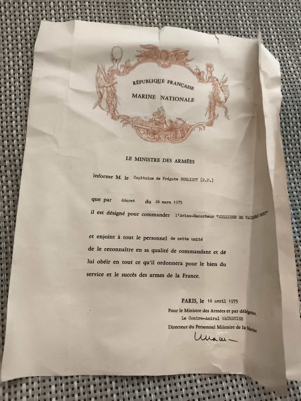 Document militaire ancien Marine Nationale 1975 nomination Aviso escorteur