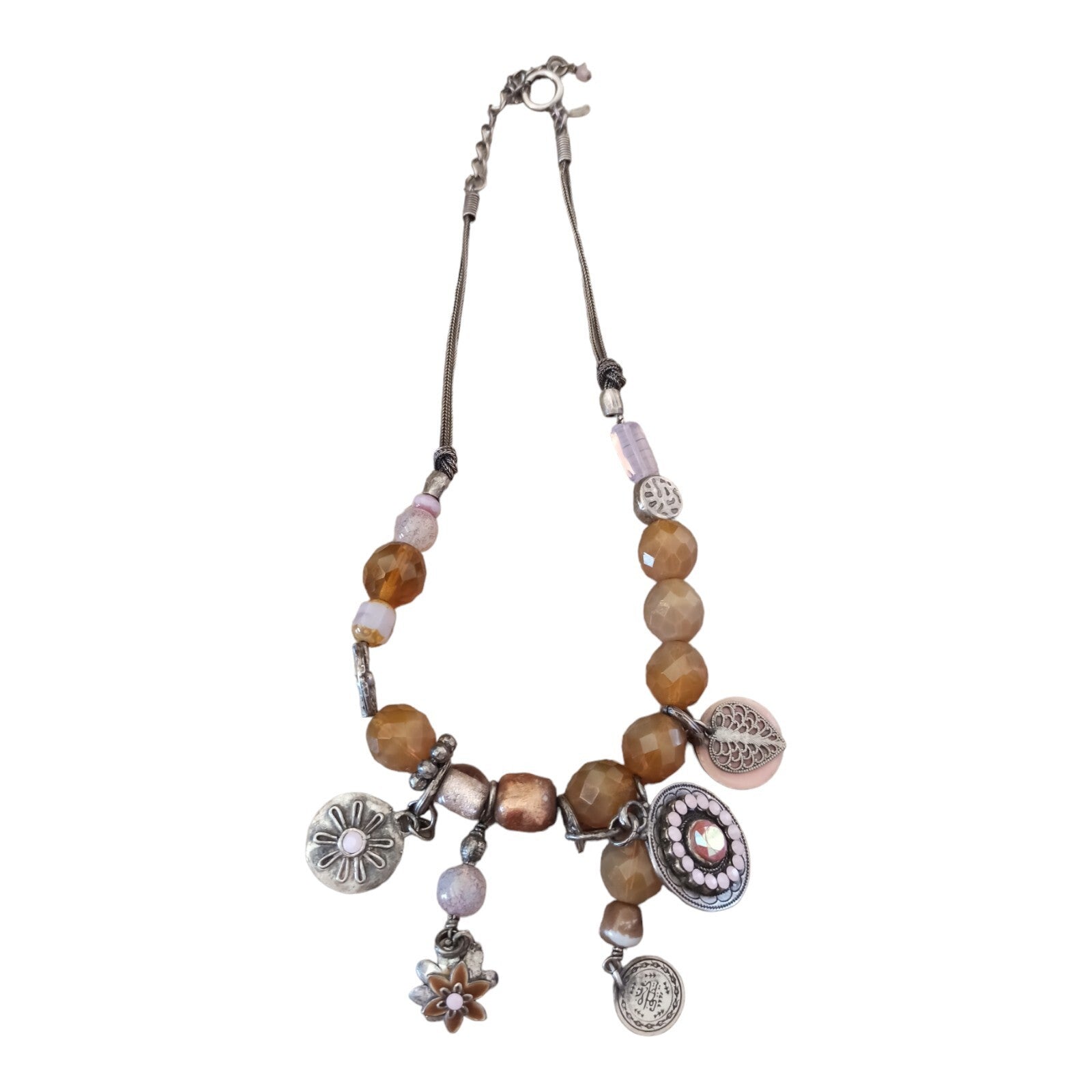 Collier Vintage Oriental Marocain, Perles Ambrées et Pendentifs Argentés, Unique