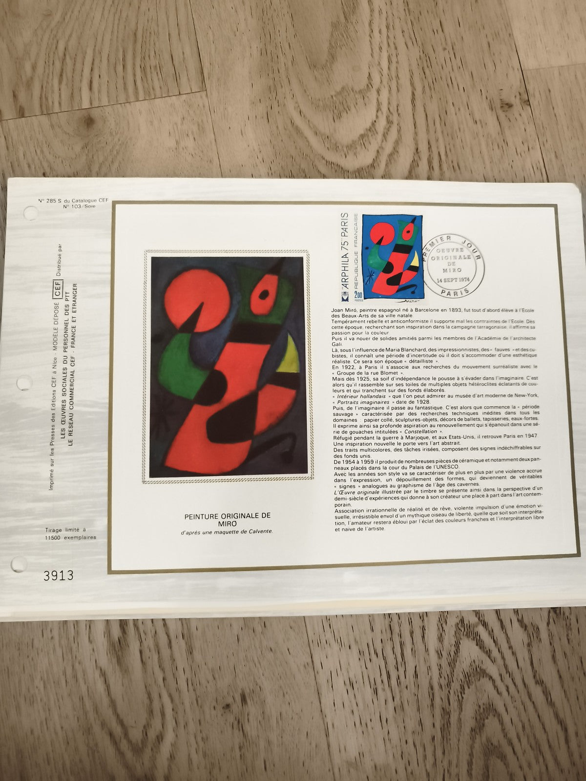 Feuillet philatélique CEF Miro 1974 peinture originale timbre oblitéré Paris