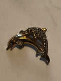 Broche vintage dauphin doré strass, bijou fantaisie animal, pin's rétro
