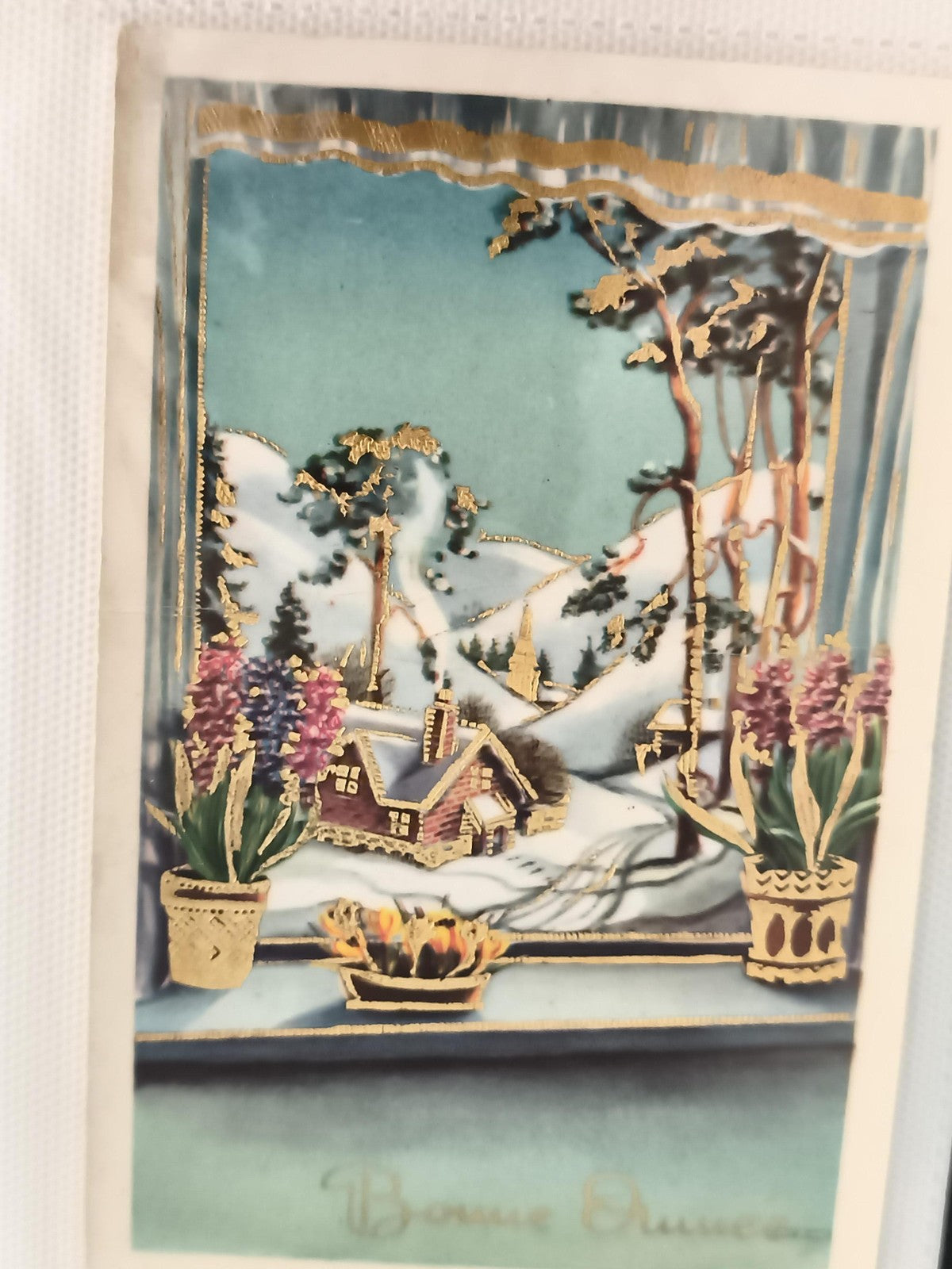 Carte postale ancienne hiver dorures Bonne Année paysage neige chalet