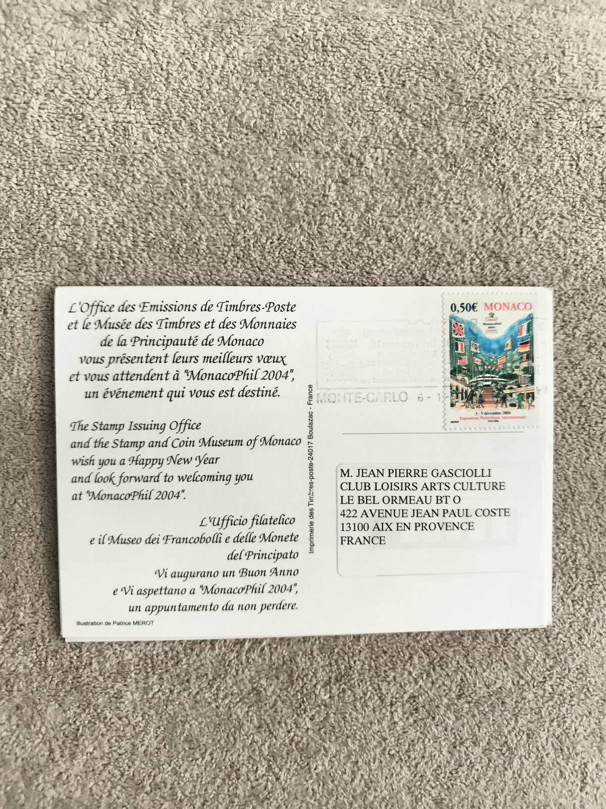 Carte postale MonacoPhil 2004 timbre 0,50€ Monaco philatélie illustration Merot